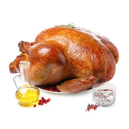 Photo of Whole baked turkey with rosemary, oil and spices isolated on white