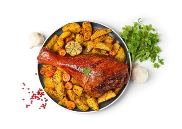 Photo of Baked turkey drumstick, vegetables and spices isolated on white, top view