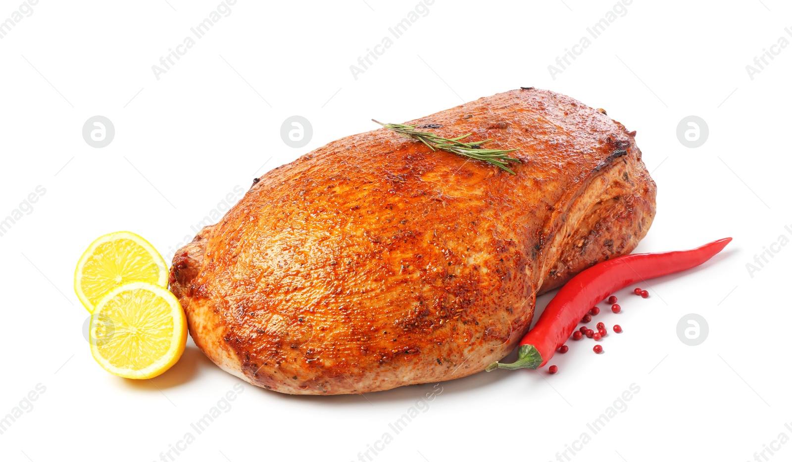 Photo of Piece of delicious baked turkey with lemon slices and spices isolated on white