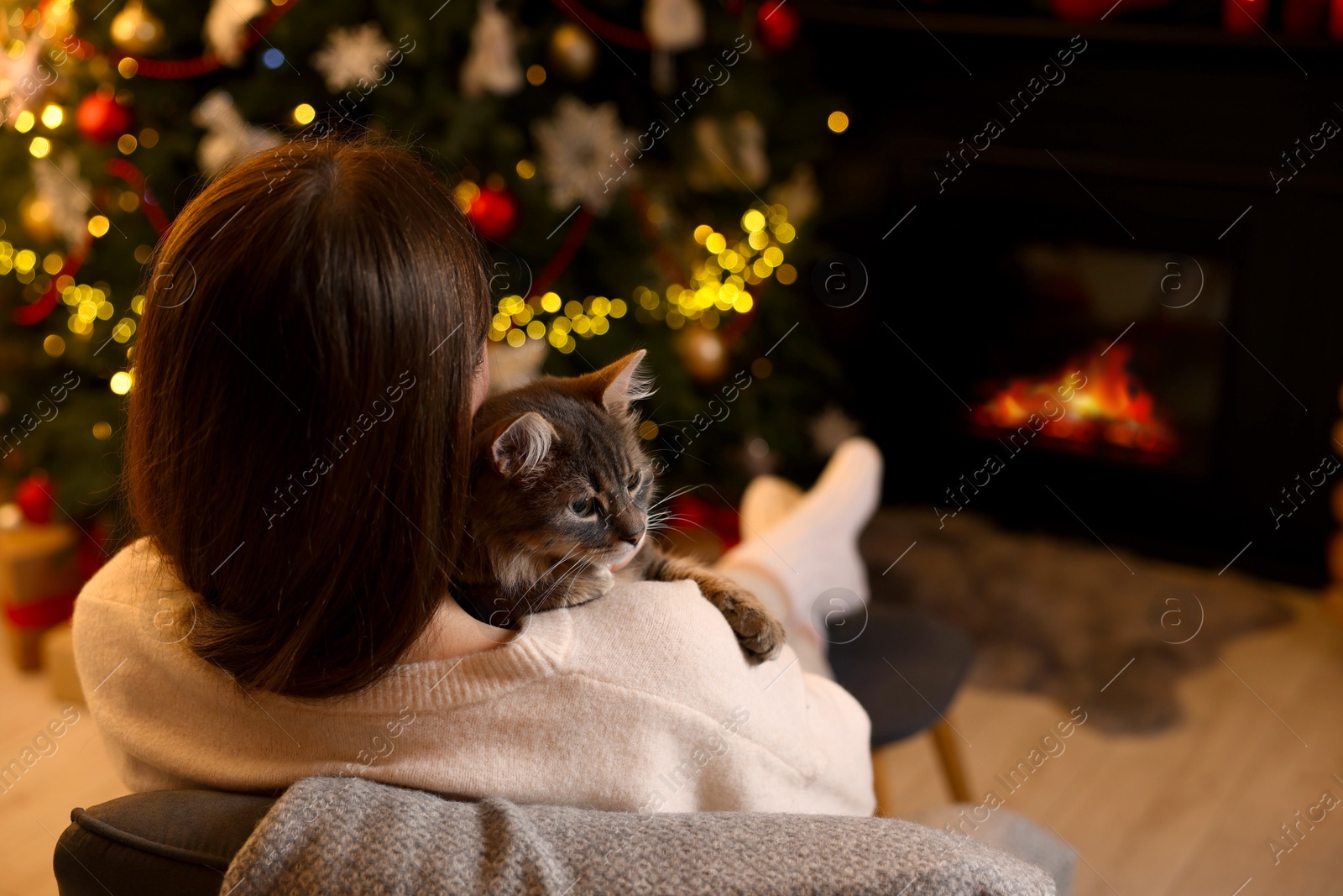 Photo of Woman with cute cat in room decorated for Christmas, back view. Space for text