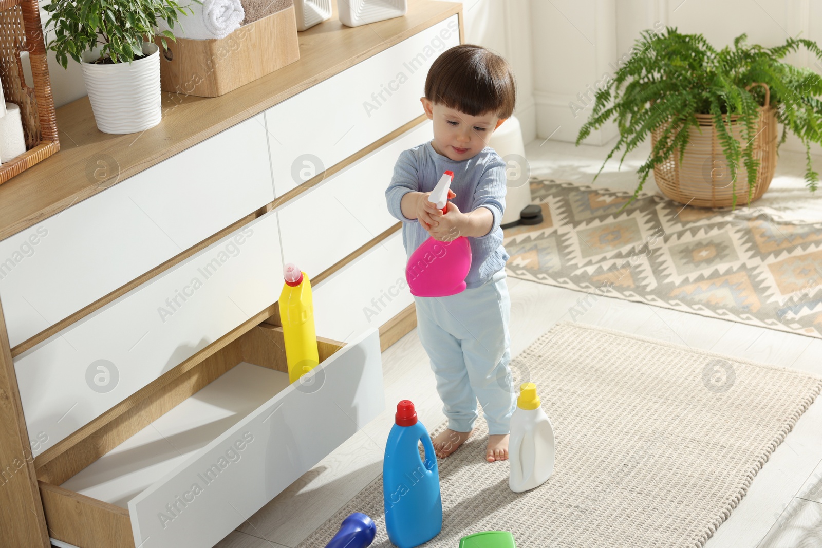 Photo of Little boy playing with bottle of detergent near cabinet at home. Child in danger