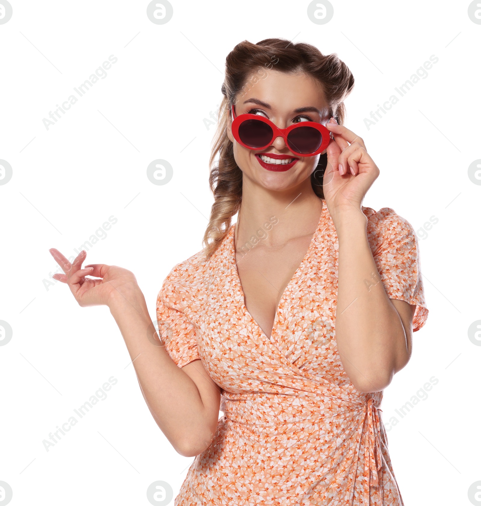 Photo of Happy pin-up woman in sunglasses on white background