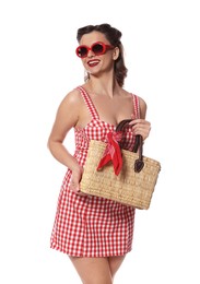 Photo of Happy pin-up woman in dress on white background