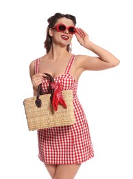 Photo of Happy pin-up woman in dress on white background