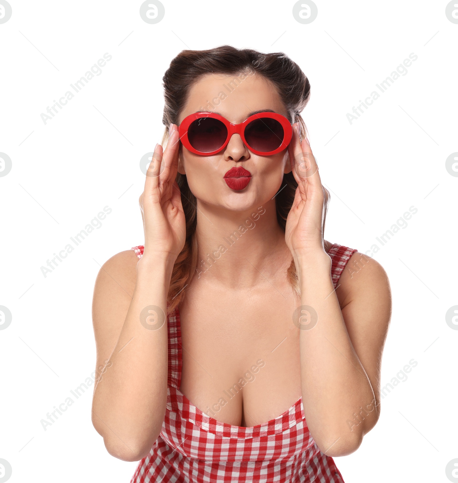 Photo of Attractive pin-up woman in sunglasses on white background