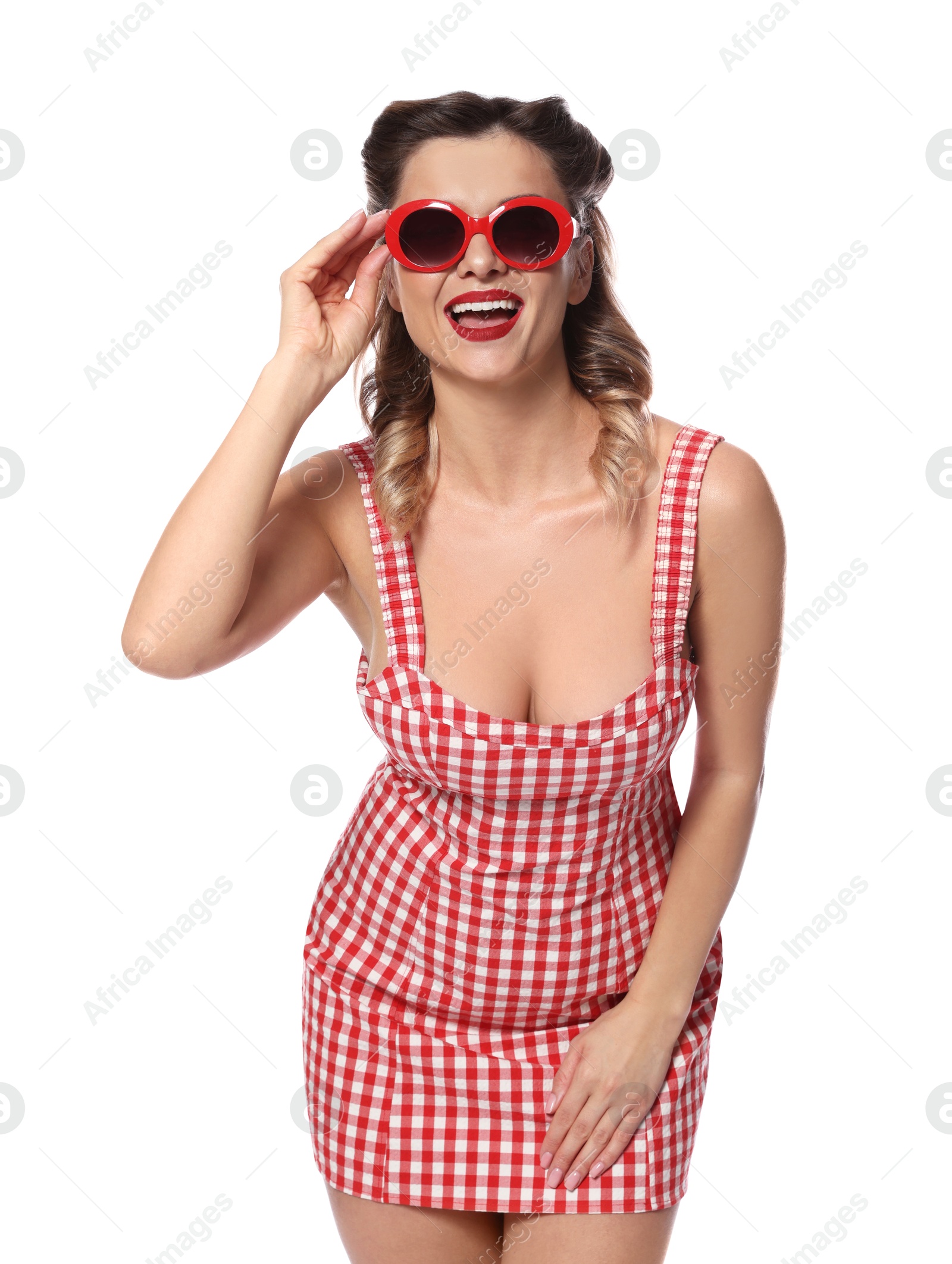 Photo of Happy pin-up woman in dress on white background