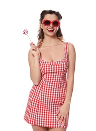 Photo of Happy pin-up woman with lollipop on white background