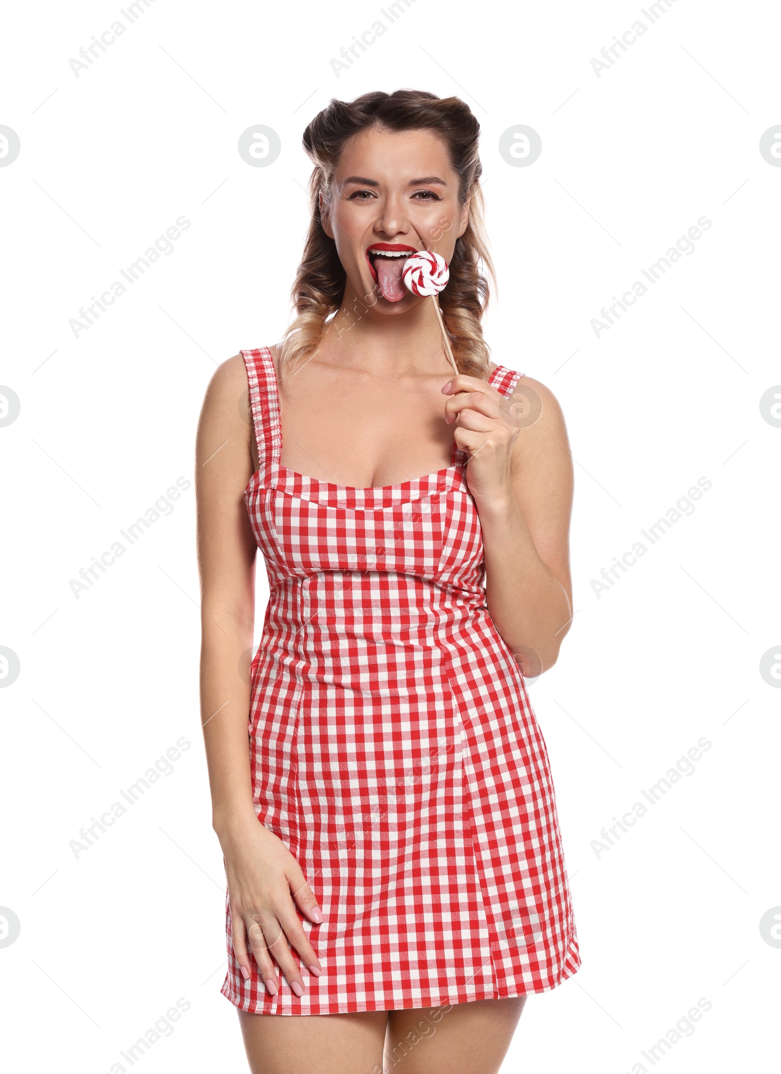 Photo of Happy pin-up woman with lollipop on white background