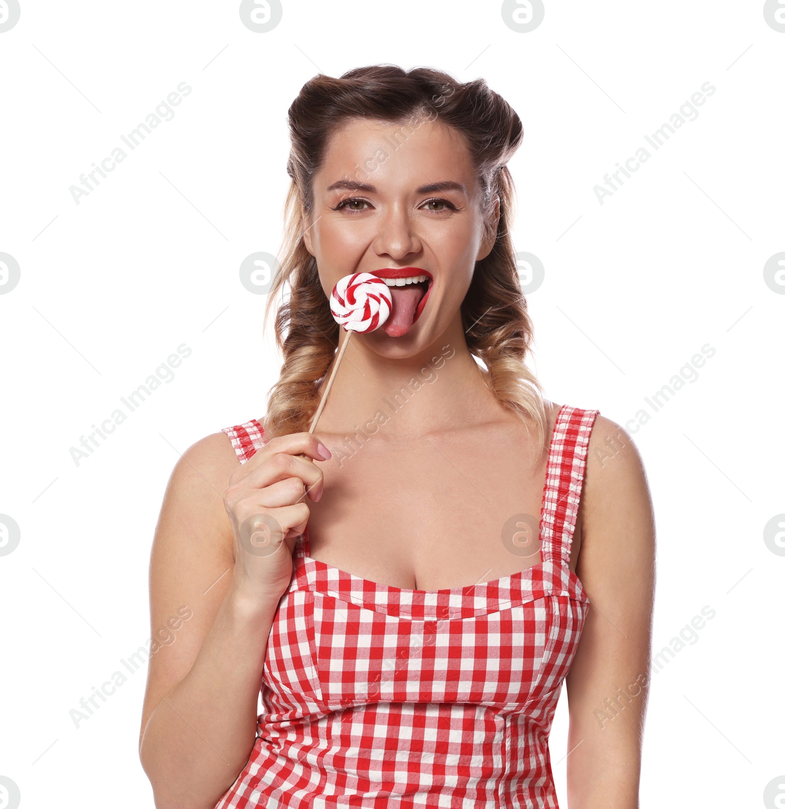 Photo of Happy pin-up woman with lollipop on white background