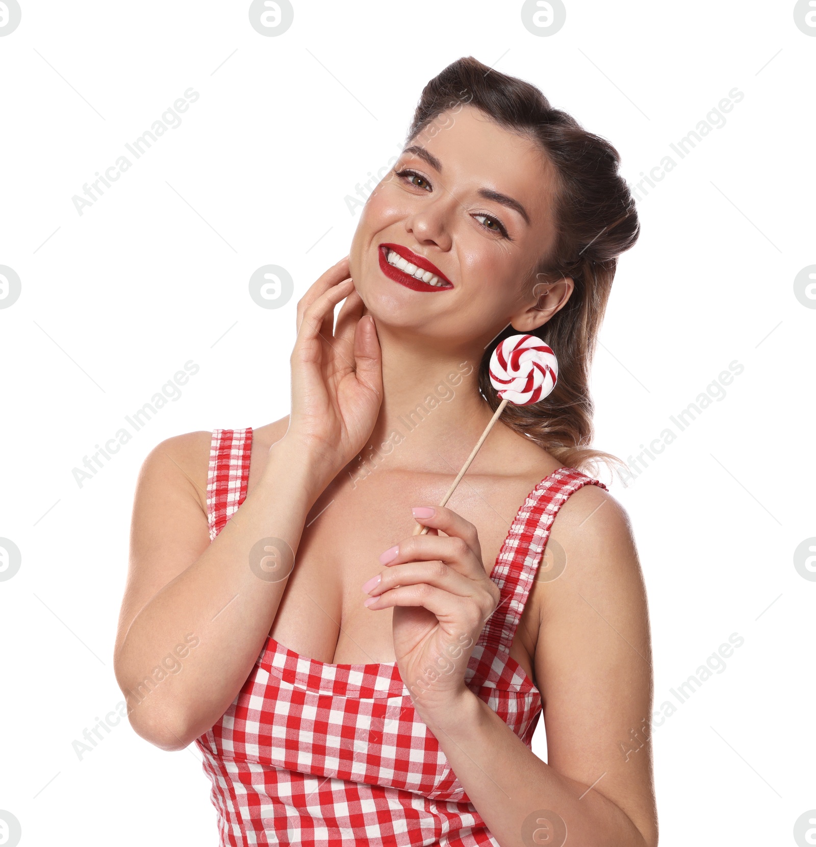 Photo of Happy pin-up woman with lollipop on white background