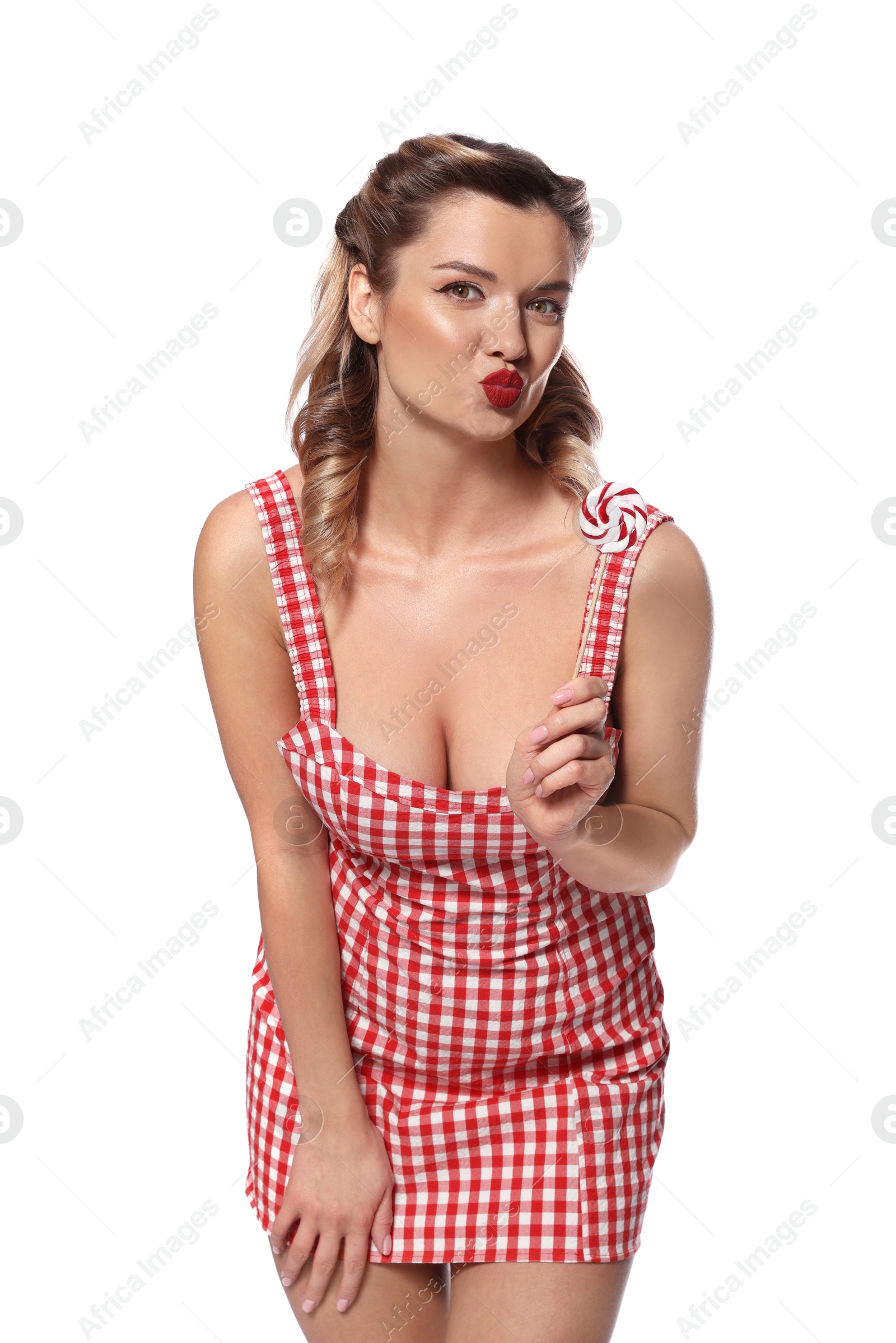 Photo of Attractive pin-up woman with lollipop on white background