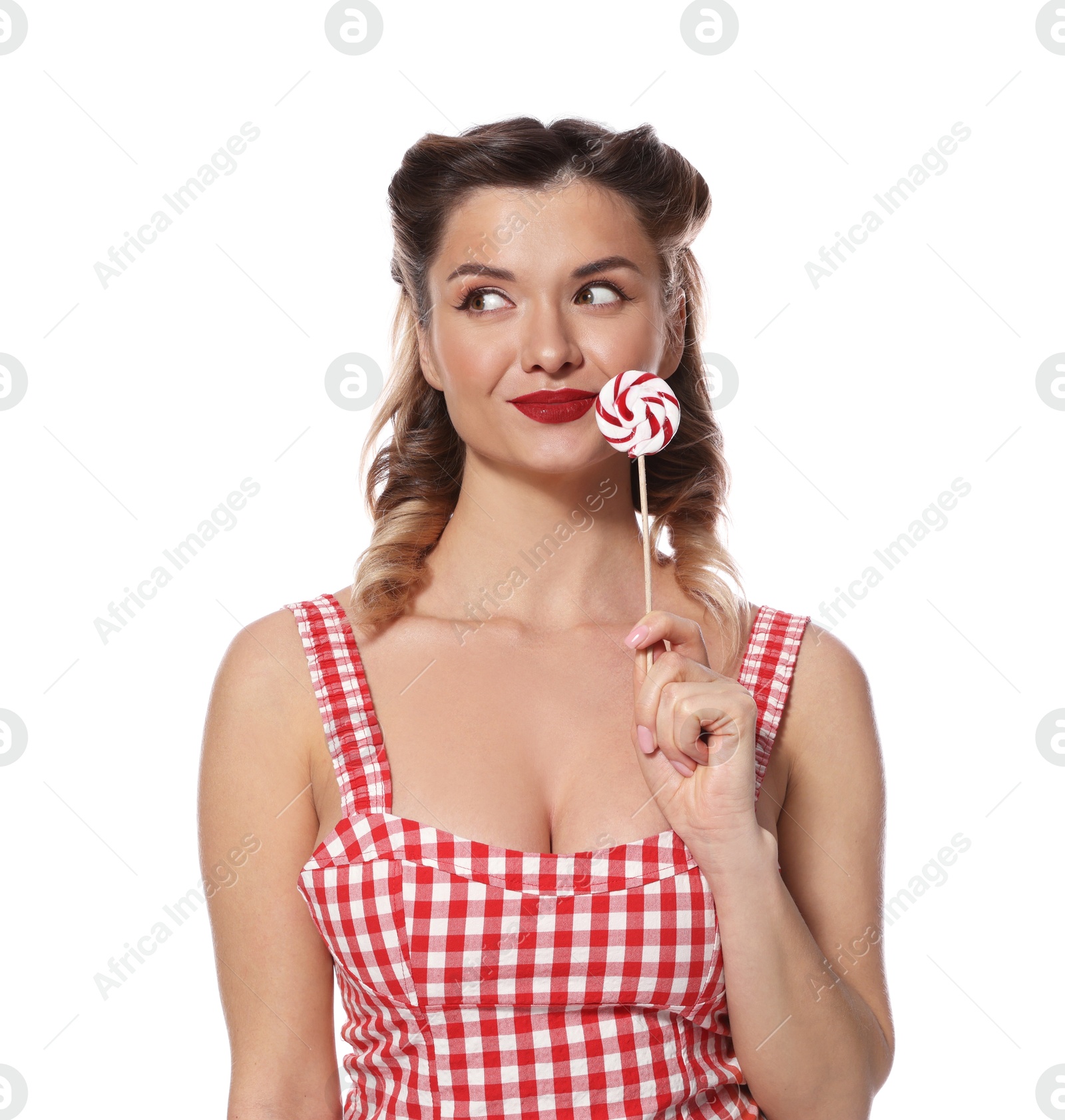 Photo of Attractive pin-up woman with lollipop on white background