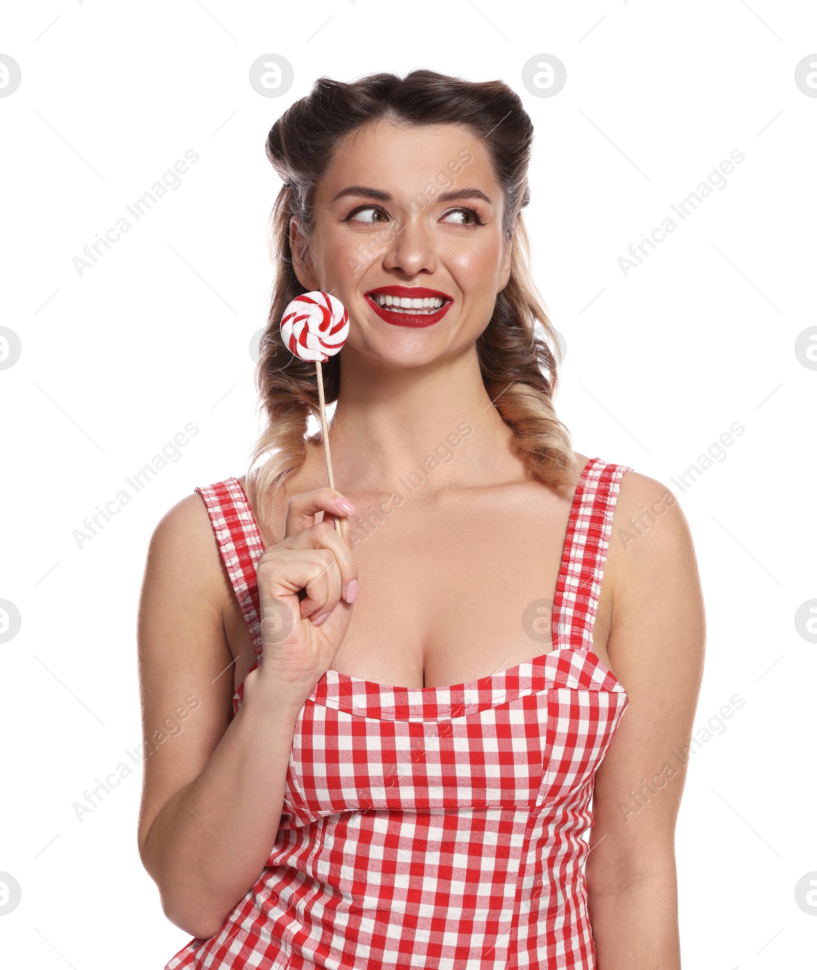 Photo of Happy pin-up woman with lollipop on white background