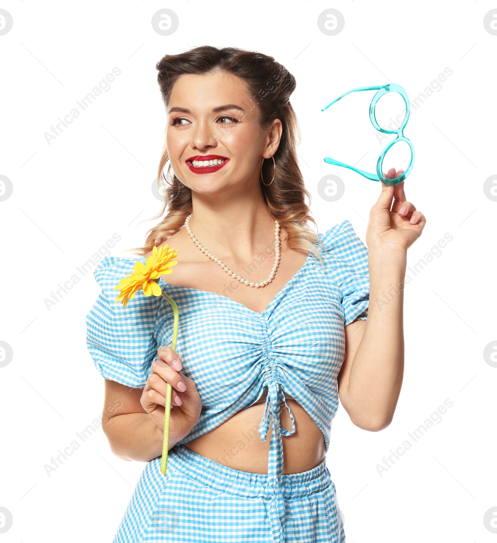 Photo of Happy pin-up woman with flower and glasses on white background