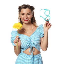 Photo of Happy pin-up woman with flower and glasses on white background