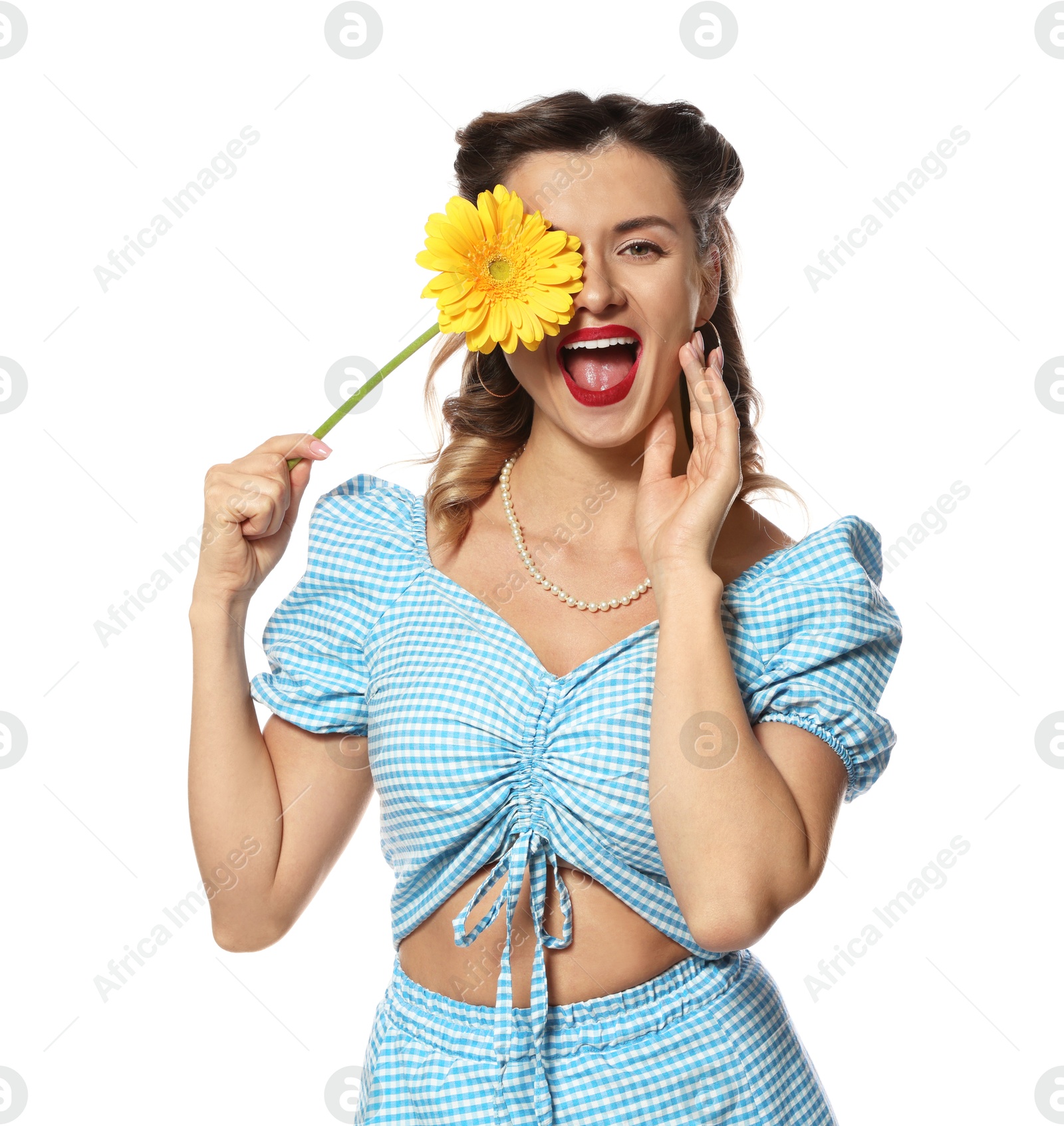 Photo of Happy pin-up woman with flower on white background