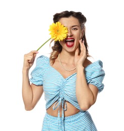 Photo of Happy pin-up woman with flower on white background