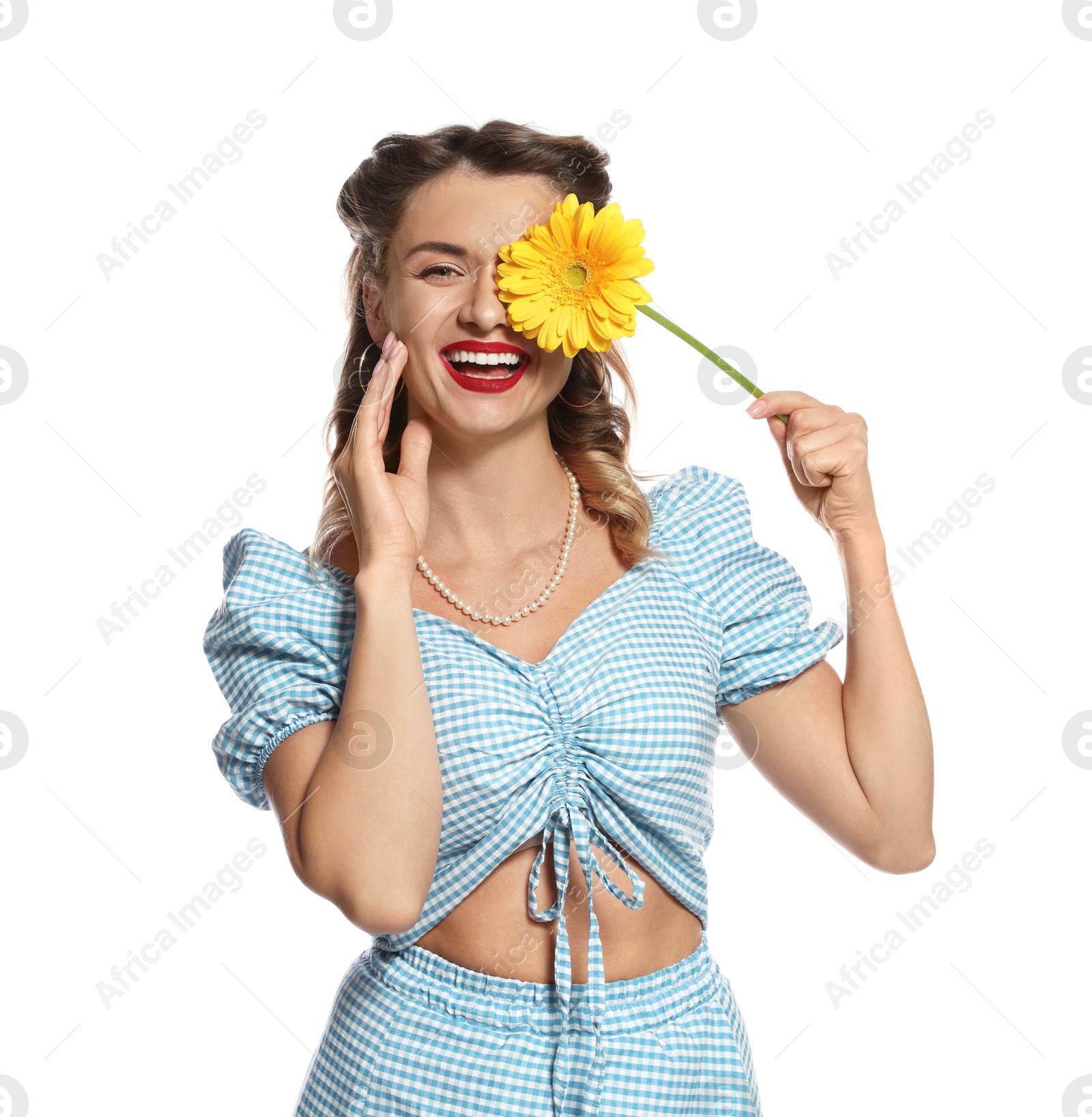 Photo of Happy pin-up woman with flower on white background