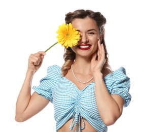 Photo of Happy pin-up woman with flower on white background