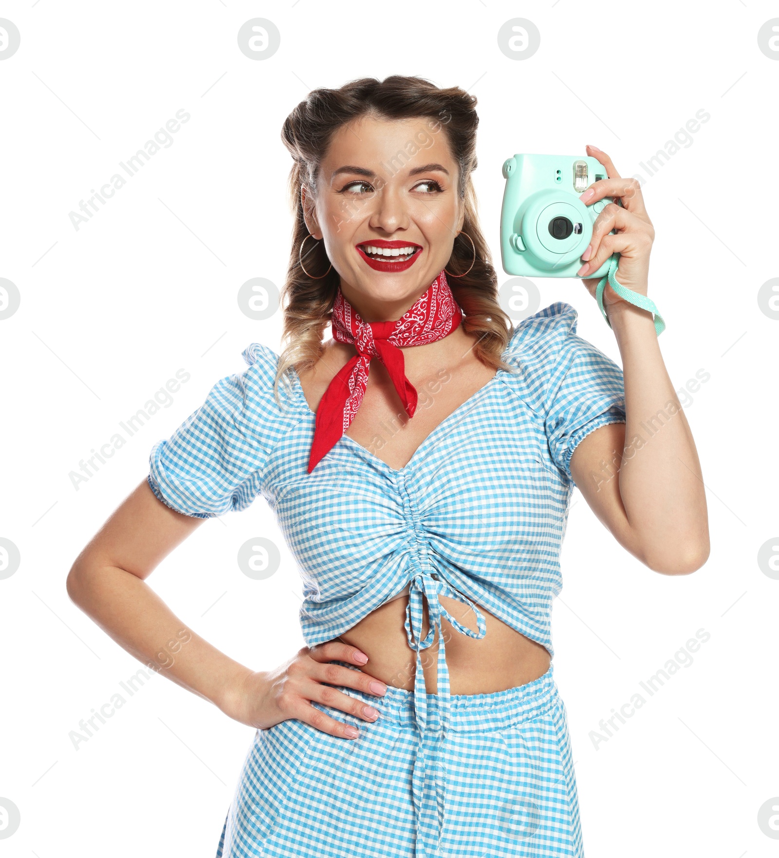 Photo of Happy pin-up woman with camera on white background