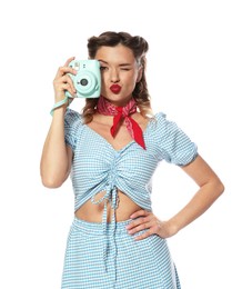 Photo of Attractive pin-up woman with camera on white background