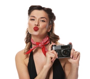 Photo of Attractive pin-up woman with vintage camera on white background