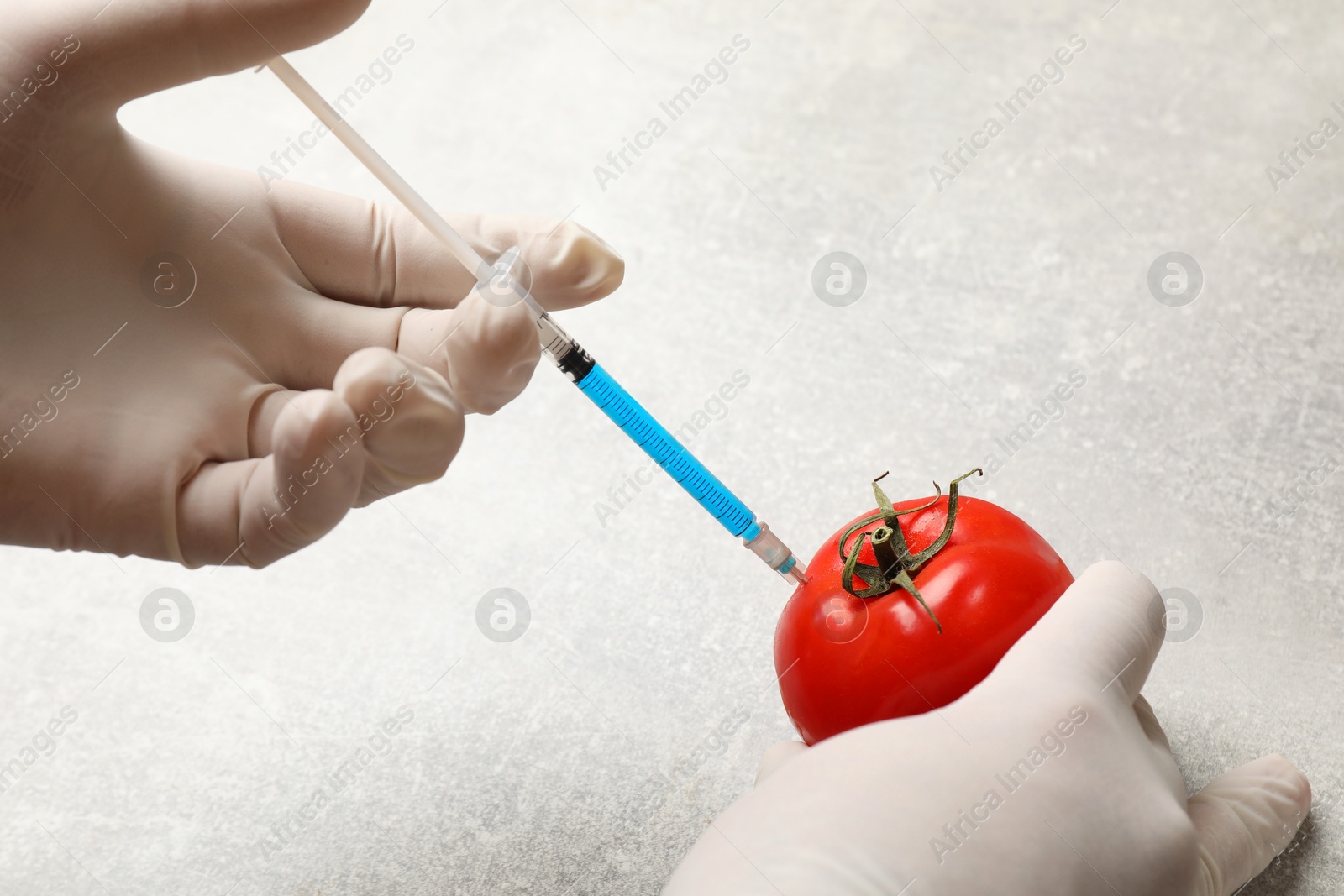 Photo of GMO concept. Scientist injecting something into fresh tomato at grey table, closeup