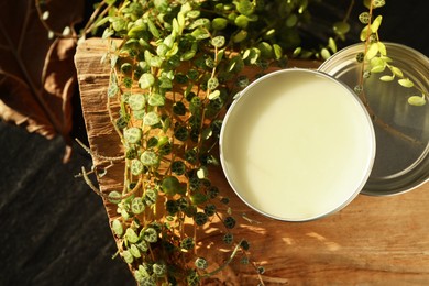 Photo of Natural solid perfume and plant on wood, top view