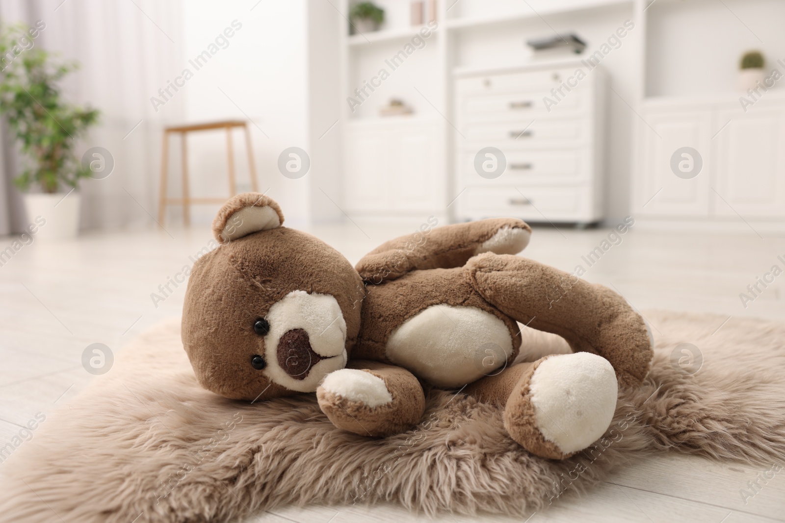 Photo of Lost teddy bear on fluffy rug in room, closeup