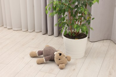 Photo of Lost knitted toy bear near houseplant on floor in room