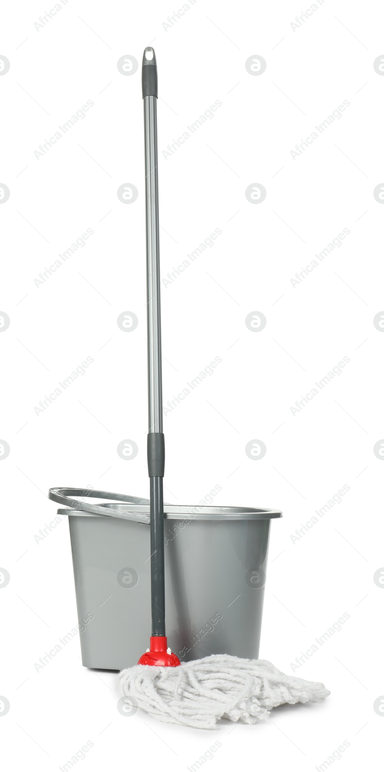 Photo of String mop and bucket isolated on white