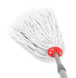 Photo of String mop isolated on white, above view. Cleaning equipment