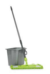 Photo of Microfiber mop and bucket isolated on white