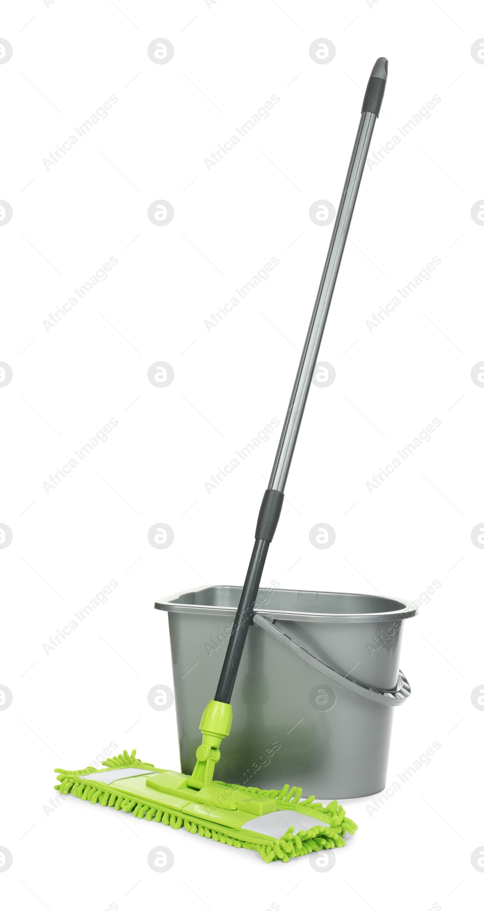 Photo of Microfiber mop and bucket isolated on white