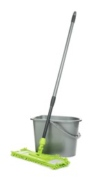 Photo of Microfiber mop and bucket isolated on white