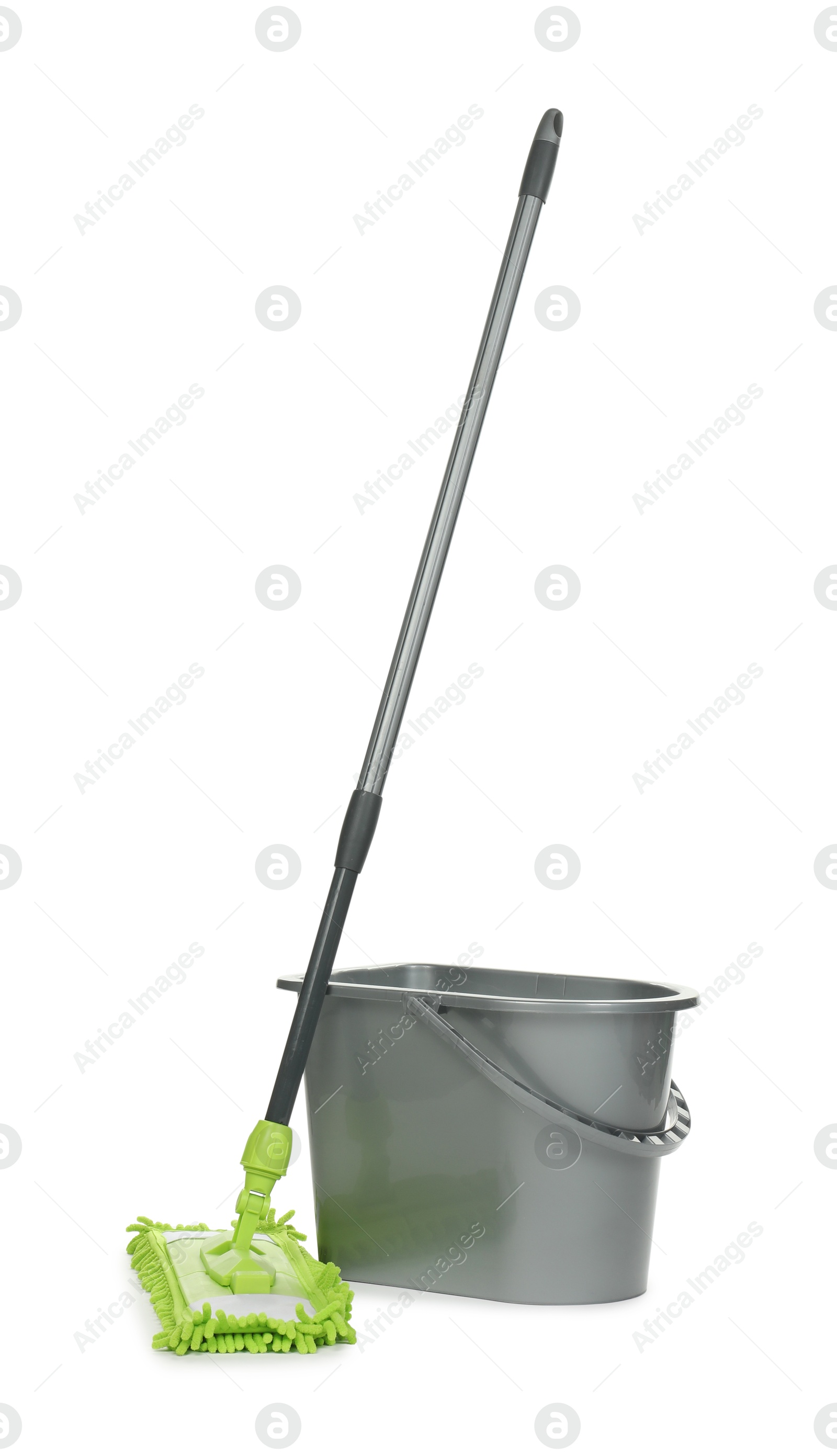 Photo of Microfiber mop and bucket isolated on white