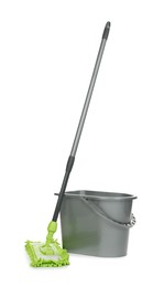 Photo of Microfiber mop and bucket isolated on white