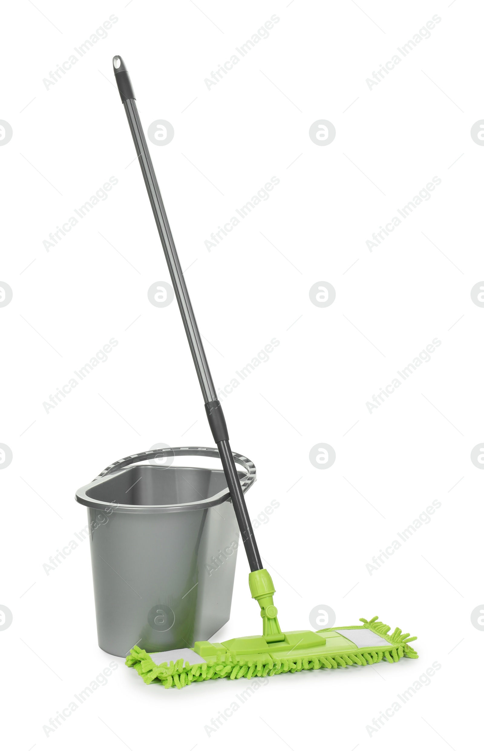 Photo of Microfiber mop and bucket isolated on white