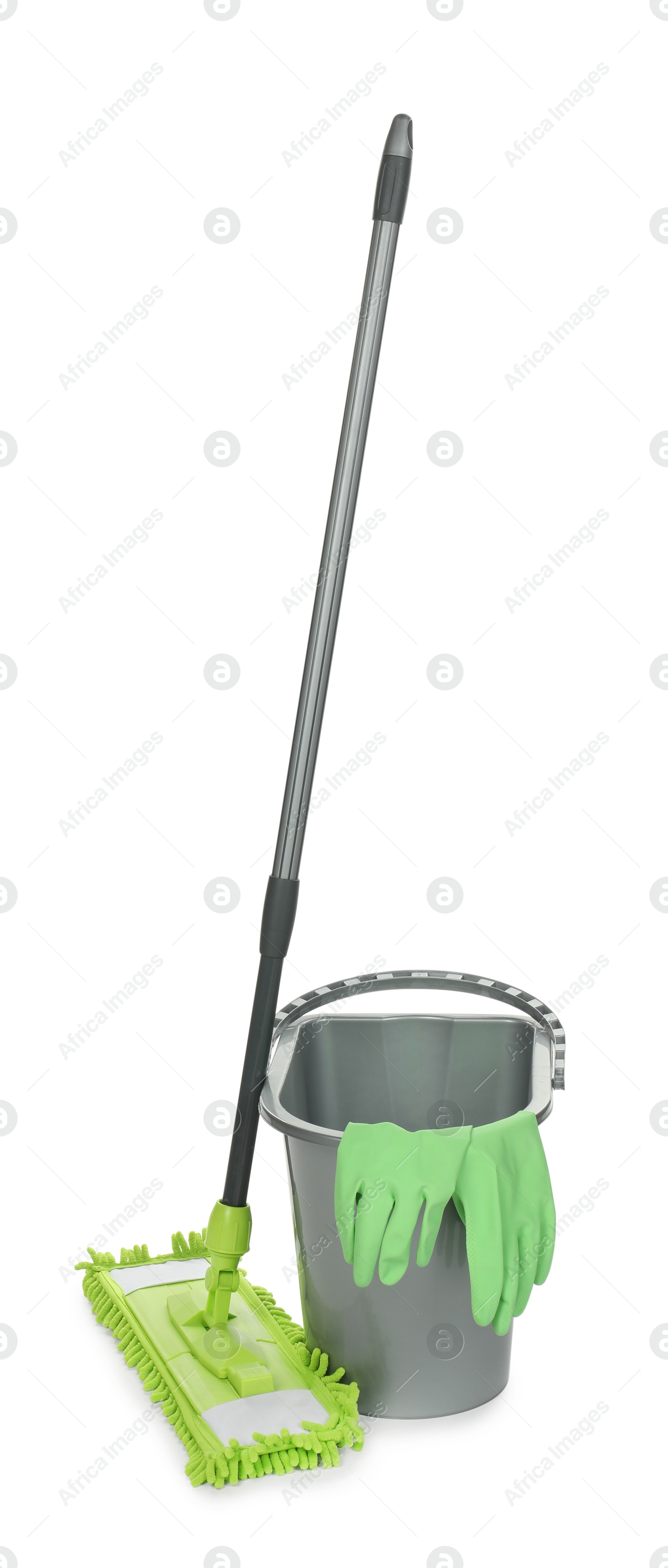 Photo of Mop, bucket and gloves isolated on white