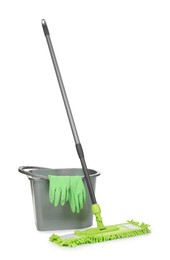 Photo of Mop, bucket and gloves isolated on white