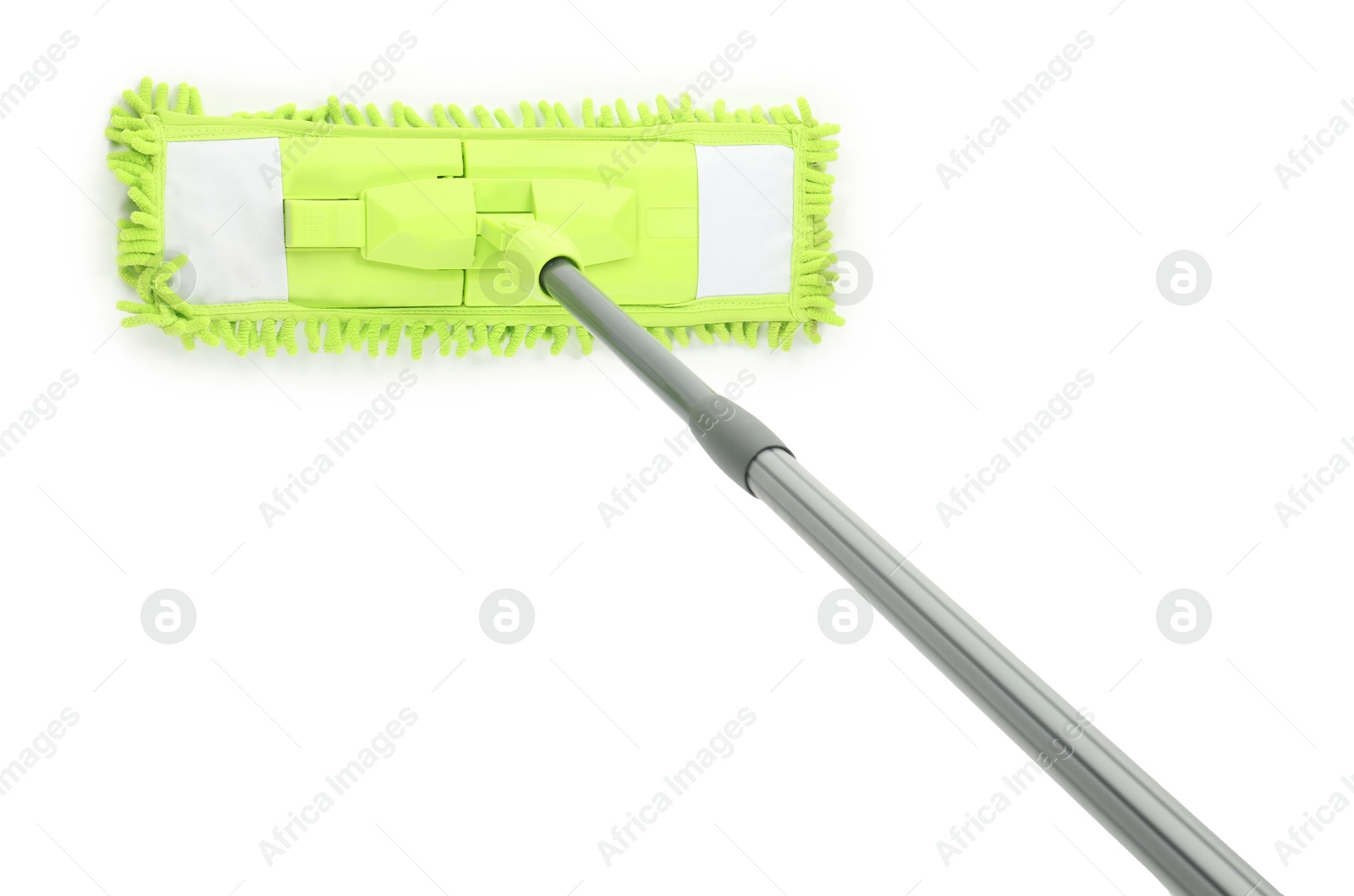 Photo of Microfiber mop isolated on white, above view. Cleaning equipment