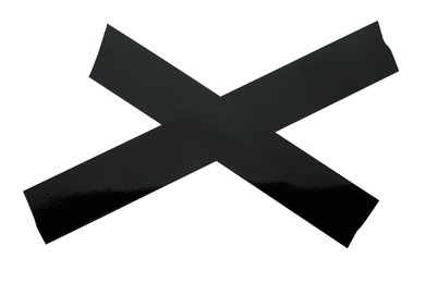 Photo of Cross made with black adhesive tape isolated on white, top view