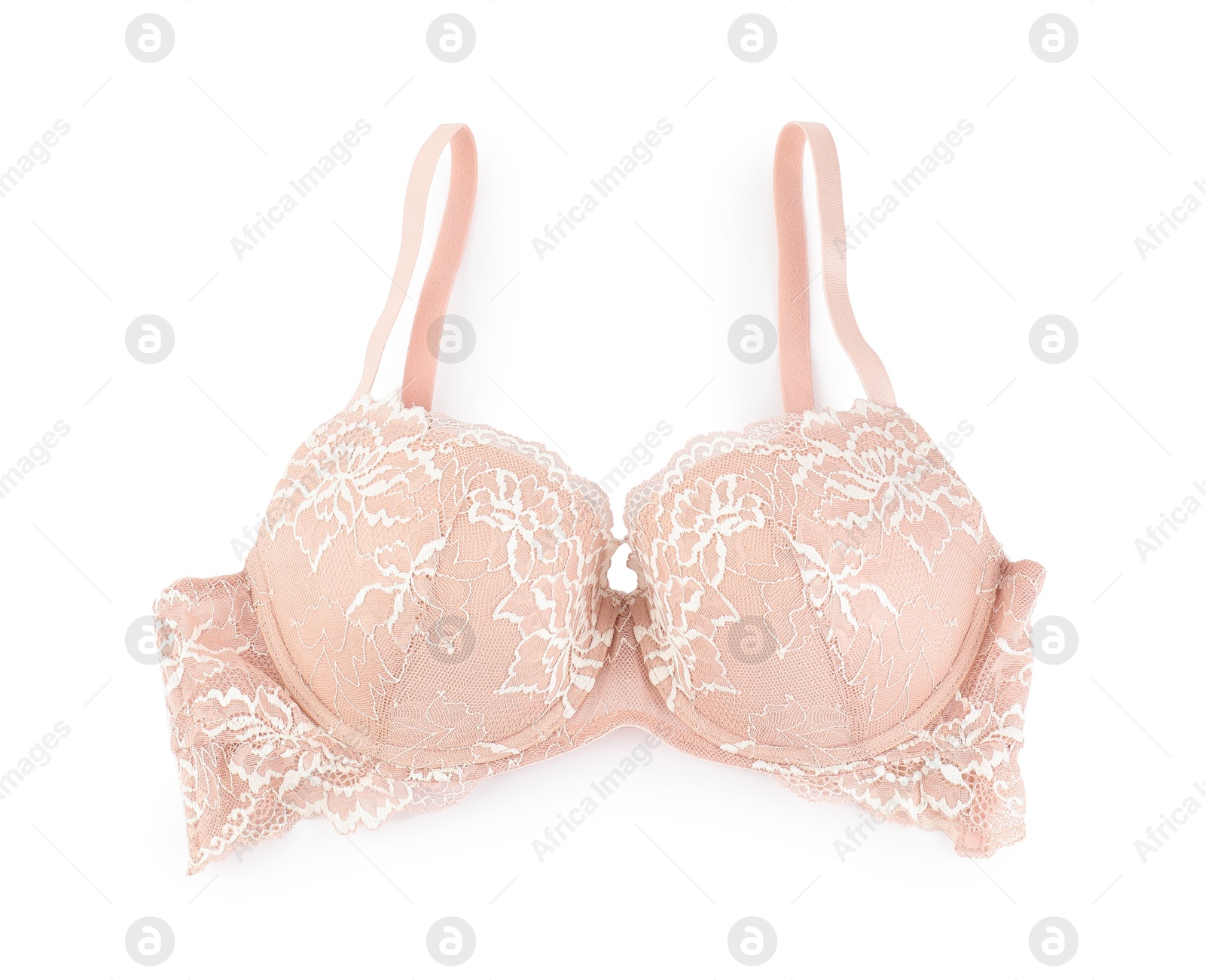 Photo of Beautiful beige bra isolated on white, top view