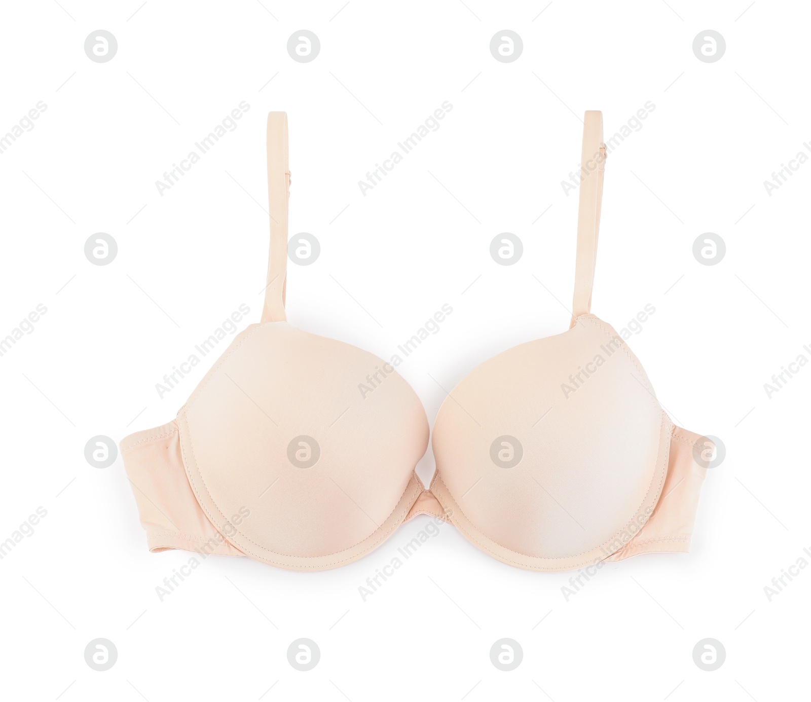 Photo of Beautiful beige bra isolated on white, top view