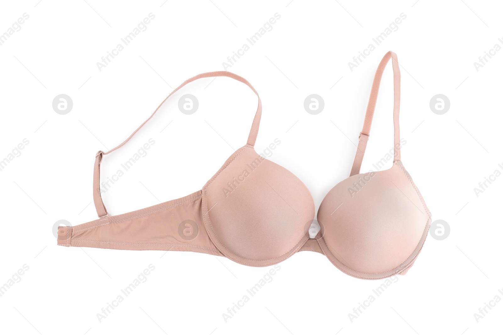 Photo of Beautiful beige bra isolated on white, top view