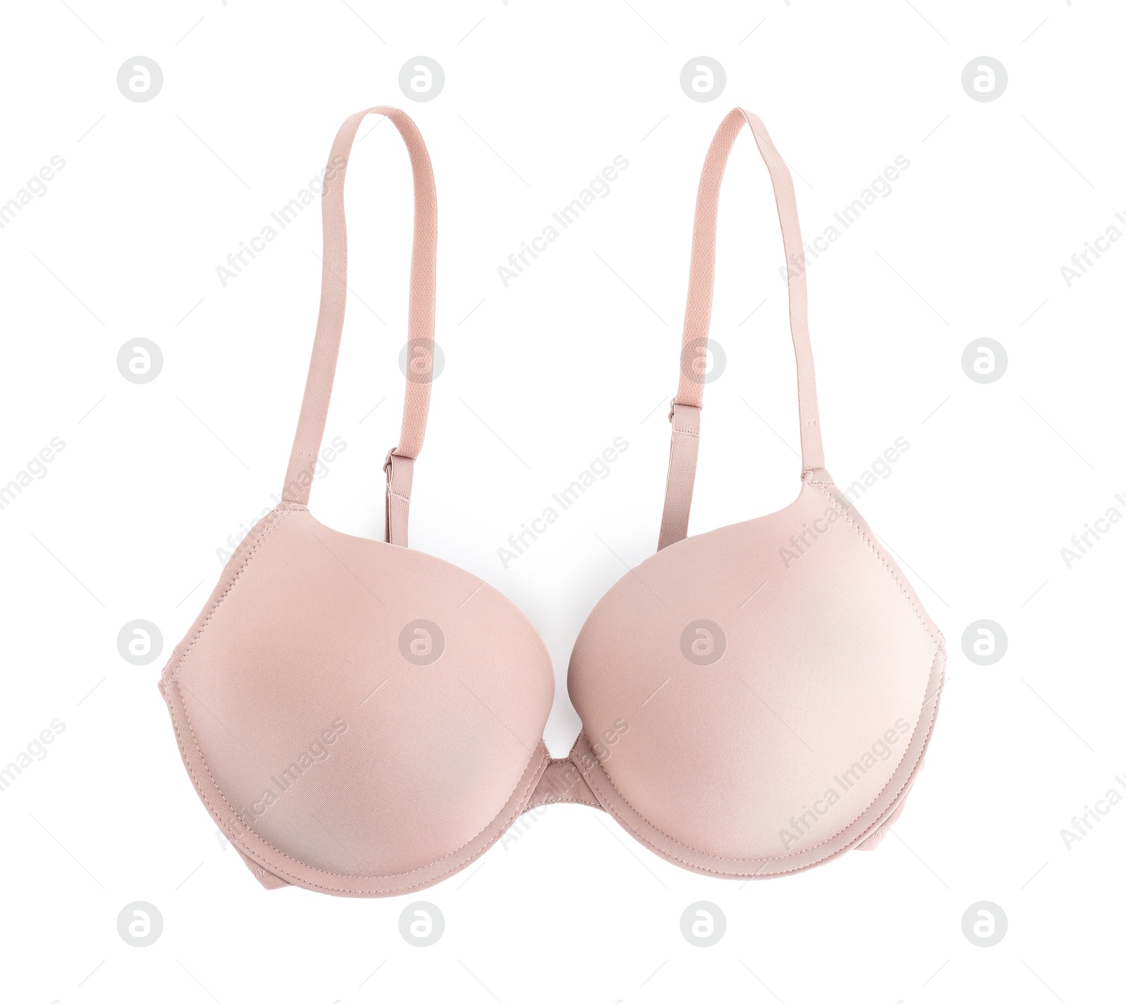 Photo of Beautiful beige bra isolated on white, top view