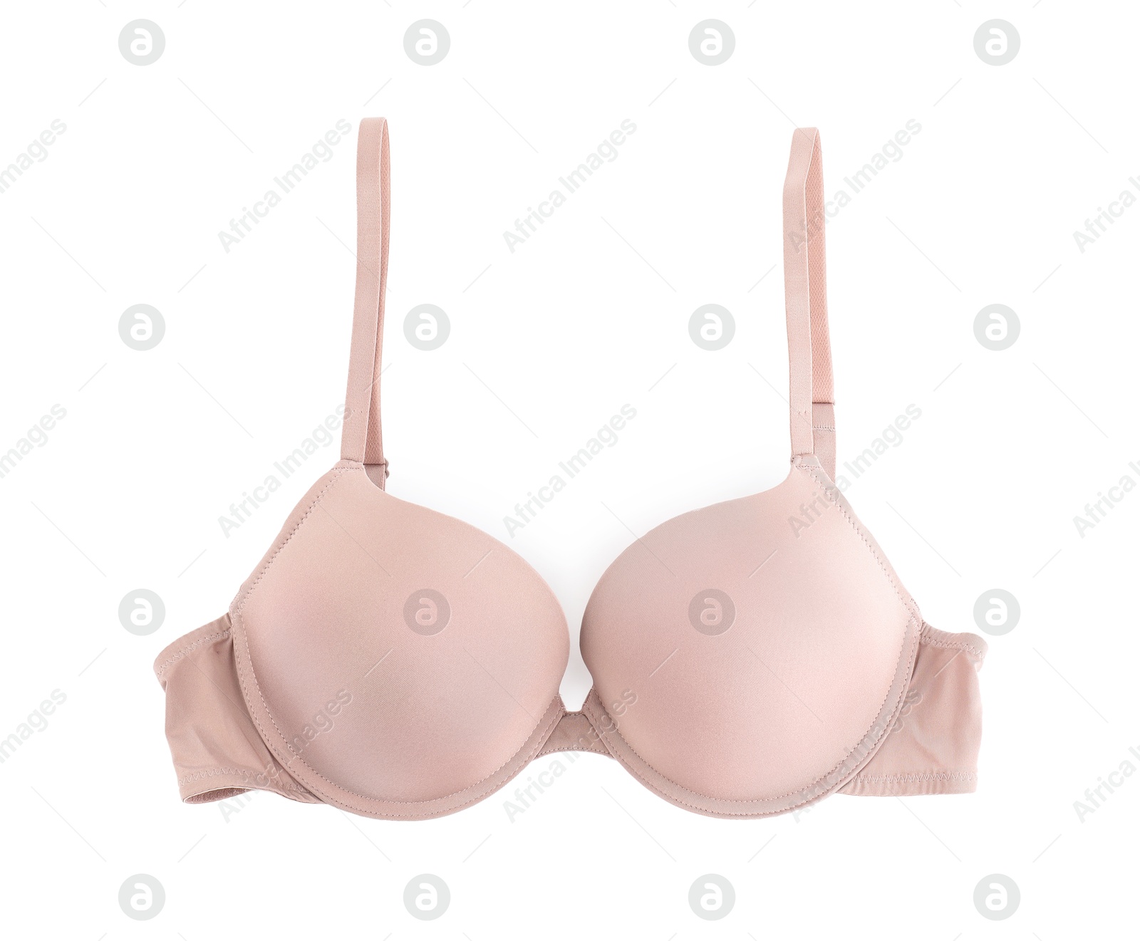 Photo of Beautiful beige bra isolated on white, top view