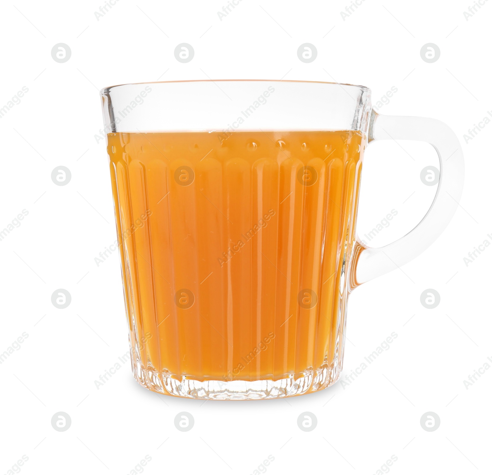 Photo of Aromatic turmeric tea in glass cup isolated on white