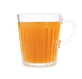 Photo of Aromatic turmeric tea in glass cup isolated on white