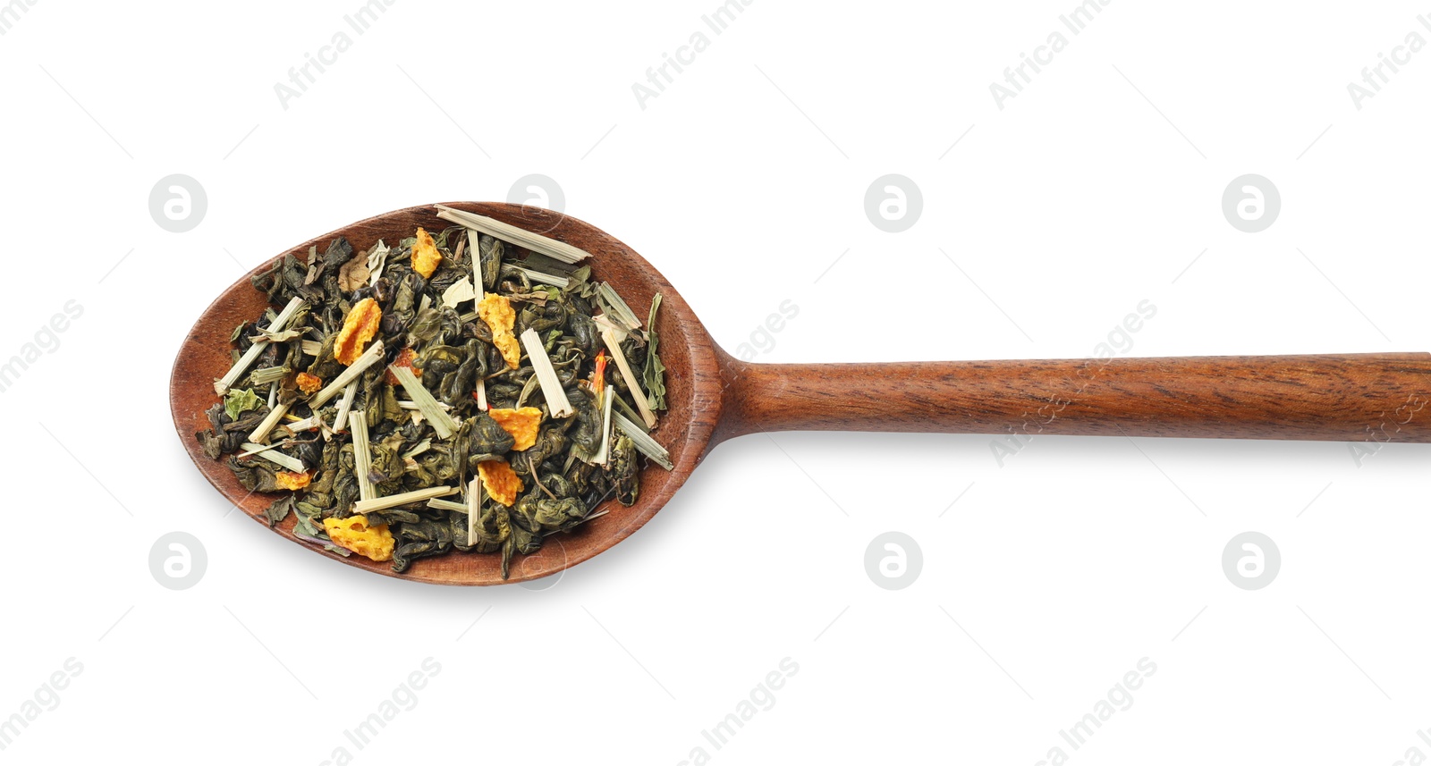 Photo of Dry tea leaves in wooden spoon isolated on white, top view